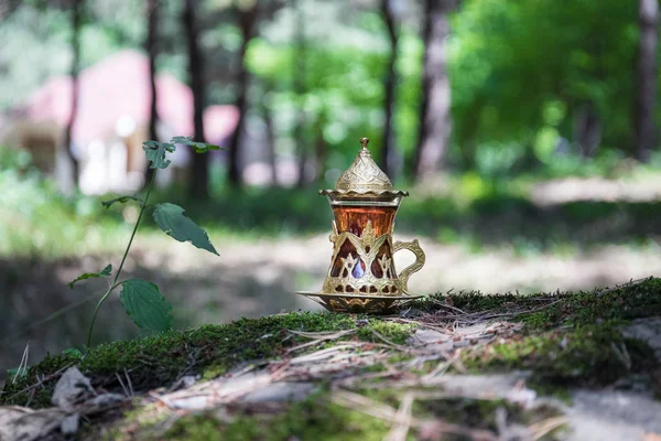 Té negro oriental en vidrio en el bosque. Concepto de té oriental. Copa tradicional Armudu. Fondo de naturaleza verde . — Foto de Stock