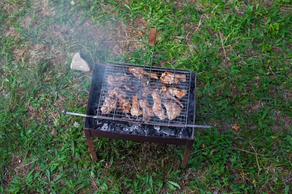 Grillé kebab cuisson sur brochette en métal. Viande rôtie cuite au barbecue.Plat traditionnel oriental, shish kebab. Grill sur charbon et flamme, pique-nique, street food — Photo