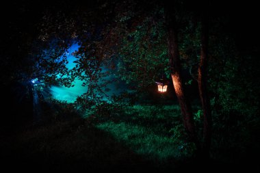 Korku Cadılar Bayramı konsepti. Geceleri ormanda eski yağ lambası yakmak. Kabus sahnesinin gece manzarası.