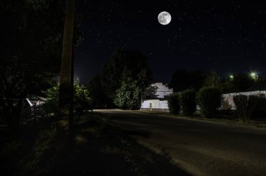 Gece oldukça köy üzerinde dolunay. Işıklar ile eski şehir caddesi güzel gece manzara. Rusya