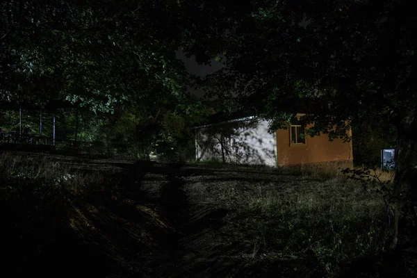 Vieille maison avec un fantôme dans la forêt la nuit ou maison d'horreur hantée abandonnée dans le brouillard. Ancien bâtiment mystique dans la forêt d'arbres morts. Arbres la nuit avec la lune. Des lumières surréalistes. Horreur concept Halloween — Photo