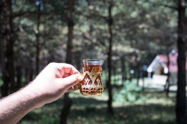 Ormanda camda doğu siyah çayı. Doğu çayı konsepti. Armudu geleneksel fincan. Yeşil doğa arka planı.