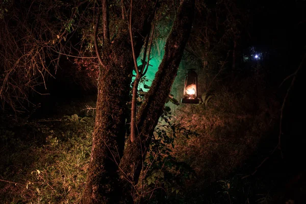 Představa hrůzy Halloweenu. Hořící starou olejovou lampu v noci v lese. Noční scenérie noční můry. — Stock fotografie