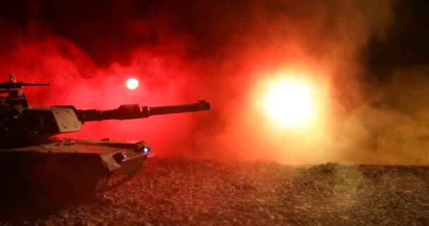 War Concept. Military silhouettes fighting scene on war fog sky background, World War German Tanks Silhouettes Below Cloudy Skyline At night. Attack scene. Armored vehicles and infantry. — Stock Video