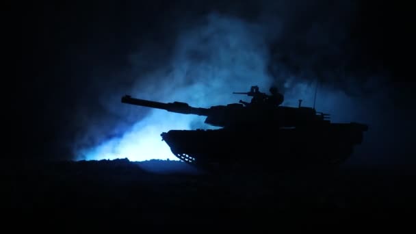 War Concept. Military silhouettes fighting scene on war fog sky background, World War German Tanks Silhouettes Below Cloudy Skyline At night. Attack scene. Armored vehicles and infantry. — Stock Video