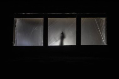 Geceleri ormanda hayaletli eski bir ev. Pencerede korku silueti. Ormandaki eski bina. Gerçeküstü ışıklar. Korku Halloween kavramı