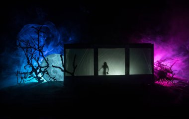 Geceleri ormanda hayaletli eski bir ev. Pencerede korku silueti. Ormandaki eski bina. Gerçeküstü ışıklar. Korku Halloween kavramı