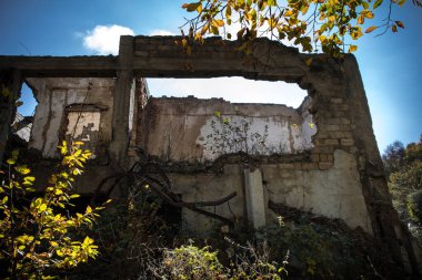 Sonbahar ormanı ve eski Sovyet binası. Azerbaycan Ganja