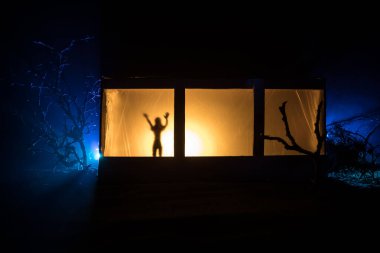 Geceleri ormanda hayaletli eski bir ev. Pencerede korku silueti. Ormandaki eski bina. Gerçeküstü ışıklar. Korku Halloween kavramı