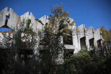 Sonbahar ormanı ve eski Sovyet binası. Azerbaycan Ganja