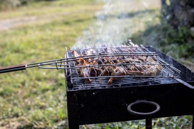 Metal şişte pişen ızgara kebap. Barbeküde kızartılmış et. Geleneksel doğu yemeği, şiş kebap. Kömür ve alevler üzerine ızgara, piknik, sokak yemekleri