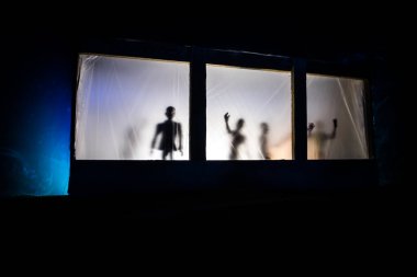 Geceleri ormanda hayaletli eski bir ev. Pencerede korku silueti. Ormandaki eski bina. Gerçeküstü ışıklar. Korku Halloween kavramı