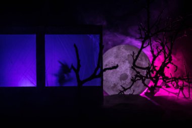 Geceleri ormanda hayaletli eski bir ev. Pencerede korku silueti. Ormandaki eski bina. Gerçeküstü ışıklar. Korku Halloween kavramı