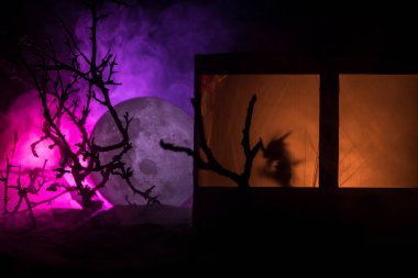 Geceleri ormanda hayaletli eski bir ev. Pencerede korku silueti. Ormandaki eski bina. Gerçeküstü ışıklar. Korku Halloween kavramı