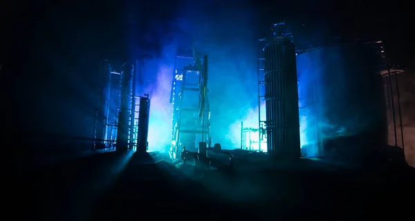Artwork decoration. Oil pump and oil rig energy industrial machines for petroleum at night with fog and backlight. Oil refining factory. Energy industrial concept. Selective focus — Stock Photo, Image