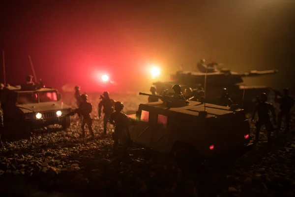 Military patrol car on sunset background. Army war concept. Silhouette of armored vehicle with soldiers ready to attack. Artwork decoration. Selective focus — Stock Photo, Image