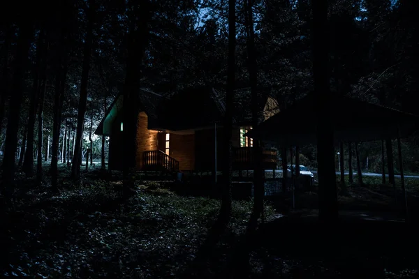 Antigua casa espeluznante en el bosque de pinos por la noche. concepto de Halloween horror — Foto de Stock