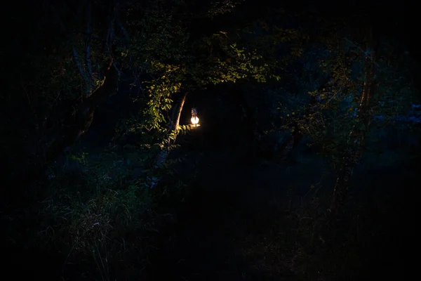 Concepto de Halloween de horror. Quema vieja lámpara de aceite en el bosque por la noche. Paisaje nocturno de una escena de pesadilla . —  Fotos de Stock