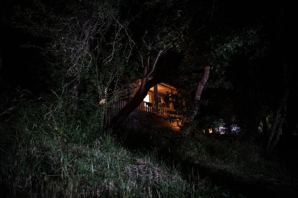 Conceito de Halloween horrível. Queimando lâmpada de óleo velha na floresta à noite. Cenário noturno de uma cena de pesadelo . — Fotografia de Stock