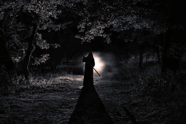 Death with a scythe in the dark misty forest. Woman horror ghost — Stock Photo, Image