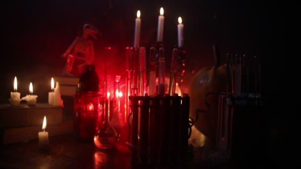 Bureau Sorcier Horreur Concept Halloween Potions Magiques Bouteilles Sur Table — Video