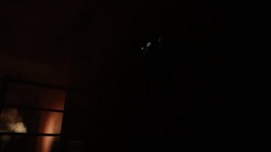 Kapalı cam bir kapıdan geçen, bilinmeyen bir gölge figürünün silueti. Geceleri arka planda duman olan ürkütücü siluet kız.