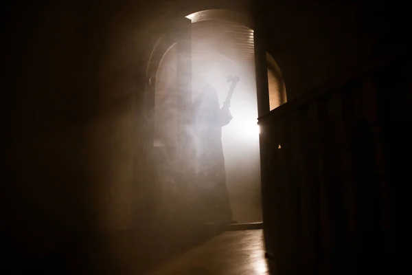 Silhouette Unknown Shadow Figure Door Closed Glass Door Spooky Silhouette — Stock Photo, Image