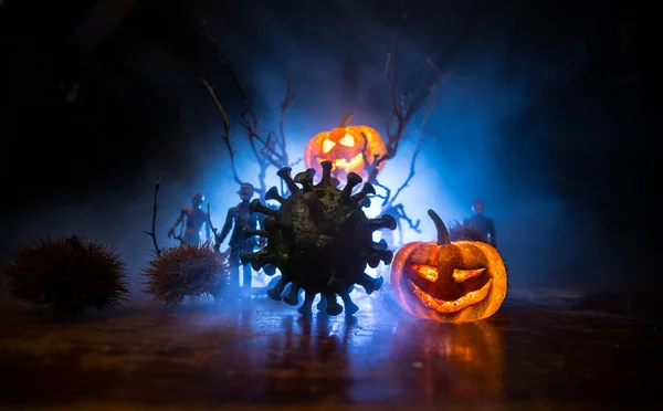 Halloween Durante Virus Corona Concetto Pandemico Globale Zucche Lucenti Romanzo — Foto Stock