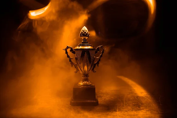 Golden Trophy Cup Table Dark Background Copy Space Creative Artwork — Stock Photo, Image