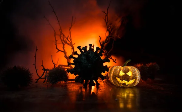 Halloween Pendant Concept Mondial Pandémie Virus Corona Citrouilles Rougeoyantes Roman — Photo