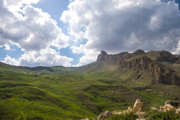 Beautiful landscape in the mountains at summer in daytime. Mountains at the sunset time. Azerbaijan, Caucasus. Khinalig