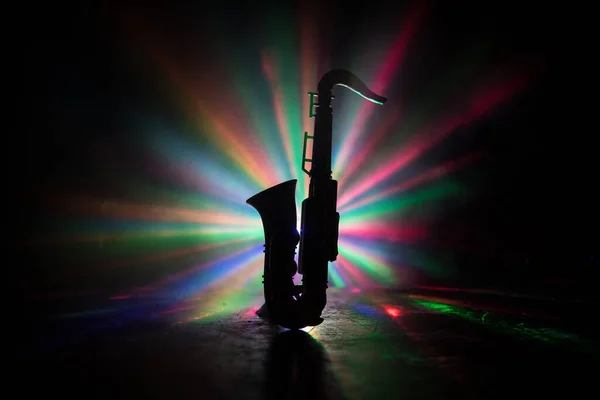 Musikkonzept Saxophon Jazzinstrument Altgoldene Saxofon Miniatur Mit Farbig Getöntem Licht — Stockfoto