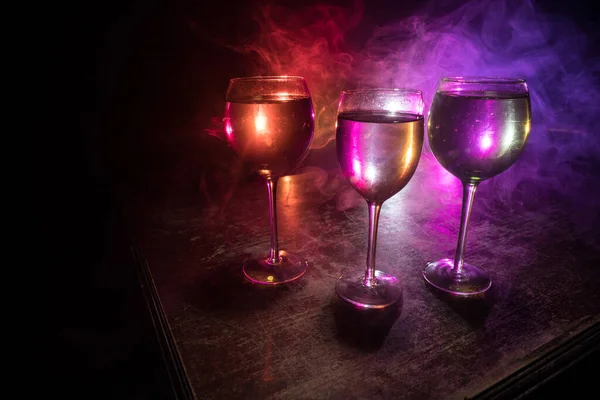 Goblet Wine Wooden Table Beautiful Toned Lights Background Glasses Wine — Stock Photo, Image