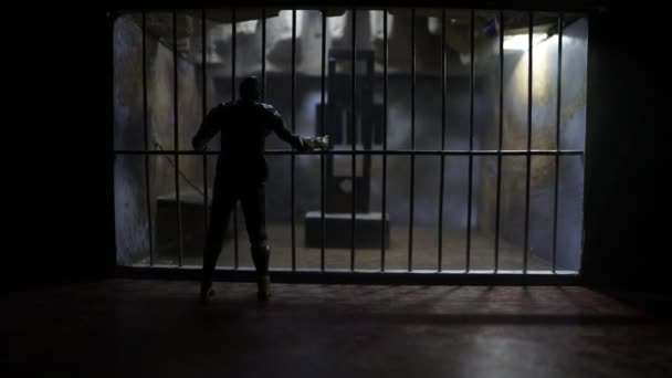 Közeli Felvétel Miniatűr Játék Börtön Ketrec Alatt Misztikus Fény — Stock videók