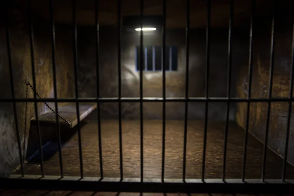 Bars Concept Obsolete Grunge Concrete Room Miniature Dark Prison Interior — Stock Photo, Image