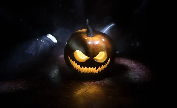 Halloween Pumpkin Smile Scary Eyes Party Night Close View Scary — Stock Photo, Image