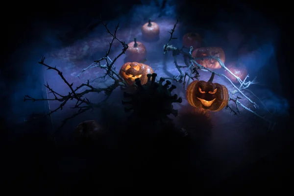 Halloween Durante Virus Corona Concetto Pandemico Globale Zucche Lucenti Romanzo — Foto Stock