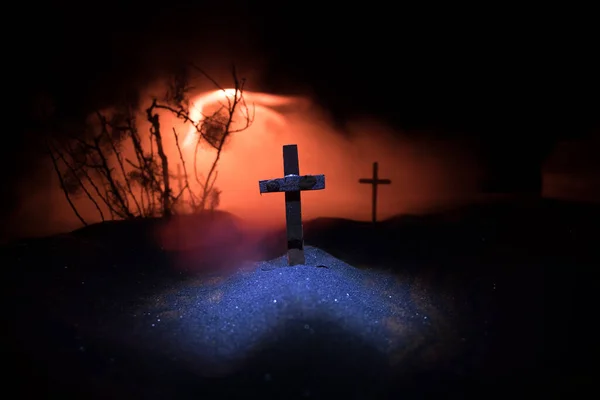 Geceleri Mezarlık Minyatür Manzarası Korku Cadılar Bayramı Konsepti Seçici Odak — Stok fotoğraf