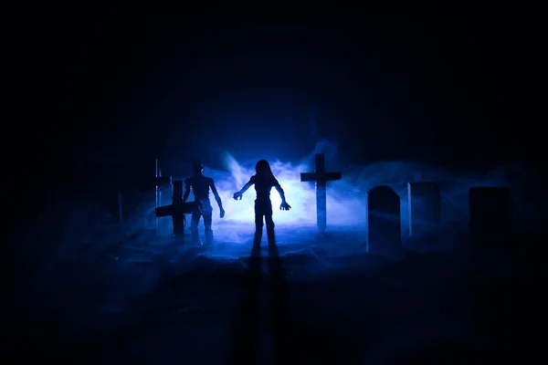 Scary View Zombies Cemetery Dead Tree Moon Church Spooky Cloudy — Stock Photo, Image