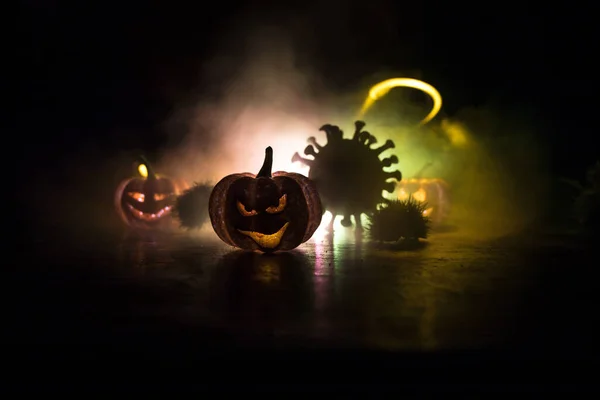 Halloween Durante Virus Corona Concetto Pandemico Globale Zucche Lucenti Romanzo — Foto Stock