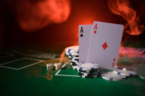 Male hand hold chips and cards for poker on casino table. Gaming business,  success concept — luck, background - Stock Photo | #423826646