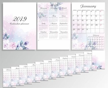 Yeni yıl takvim 2019 yıl şablonu için yazdırma suluboya çiçek