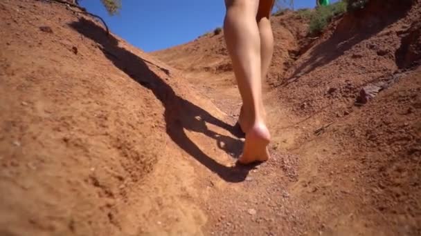 Girl Walking Barefoot Ground — Stock Video