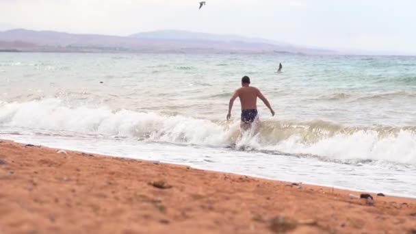 Чоловік Пляжі Біля Моря — стокове відео