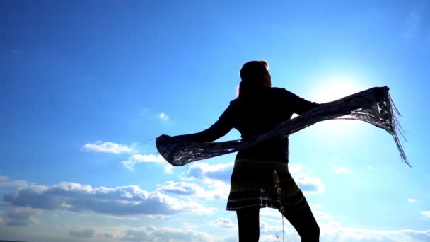 Young Girl Waving Handkerchief Dawn City — Stock Video