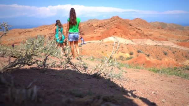 Chicas Caminan Las Montañas — Vídeo de stock