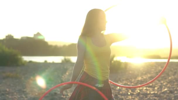 Girl with Hoop in nature — Stock Video