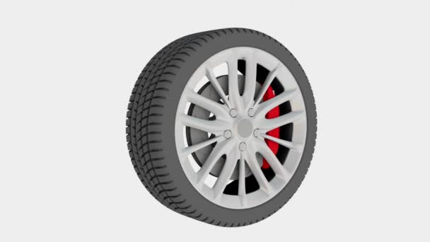 3D bil hjulet roterar på vit bakgrund — Stockvideo