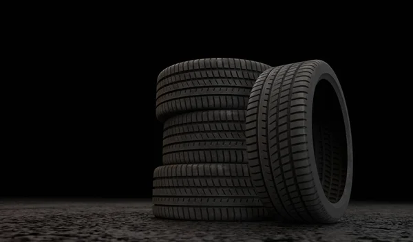 3D car tires stand in the dark — Stock Photo, Image