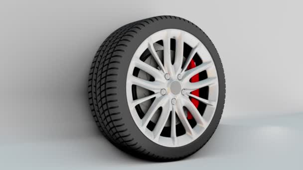 3D auto wiel draait op witte achtergrond — Stockvideo